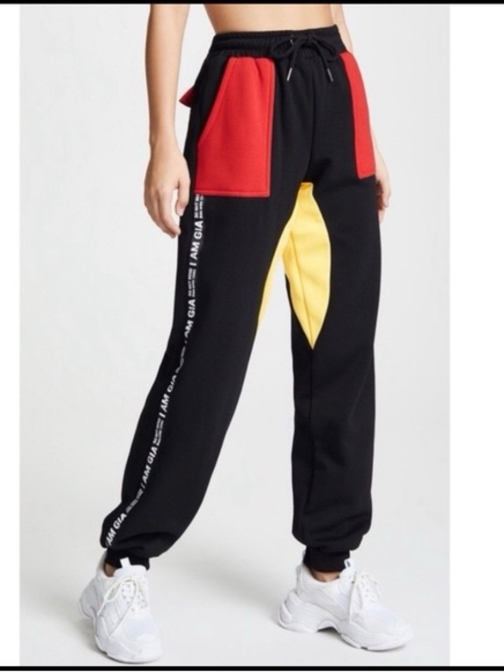 I.AM.GIA Black Track Joggers with Red Pockets and Yellow Panel